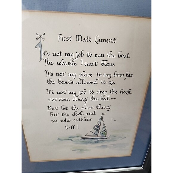 Vintage Framed Art Sail Boat Ship Poem Picture Nautical "First Mate Lament" - Picture 1 of 2